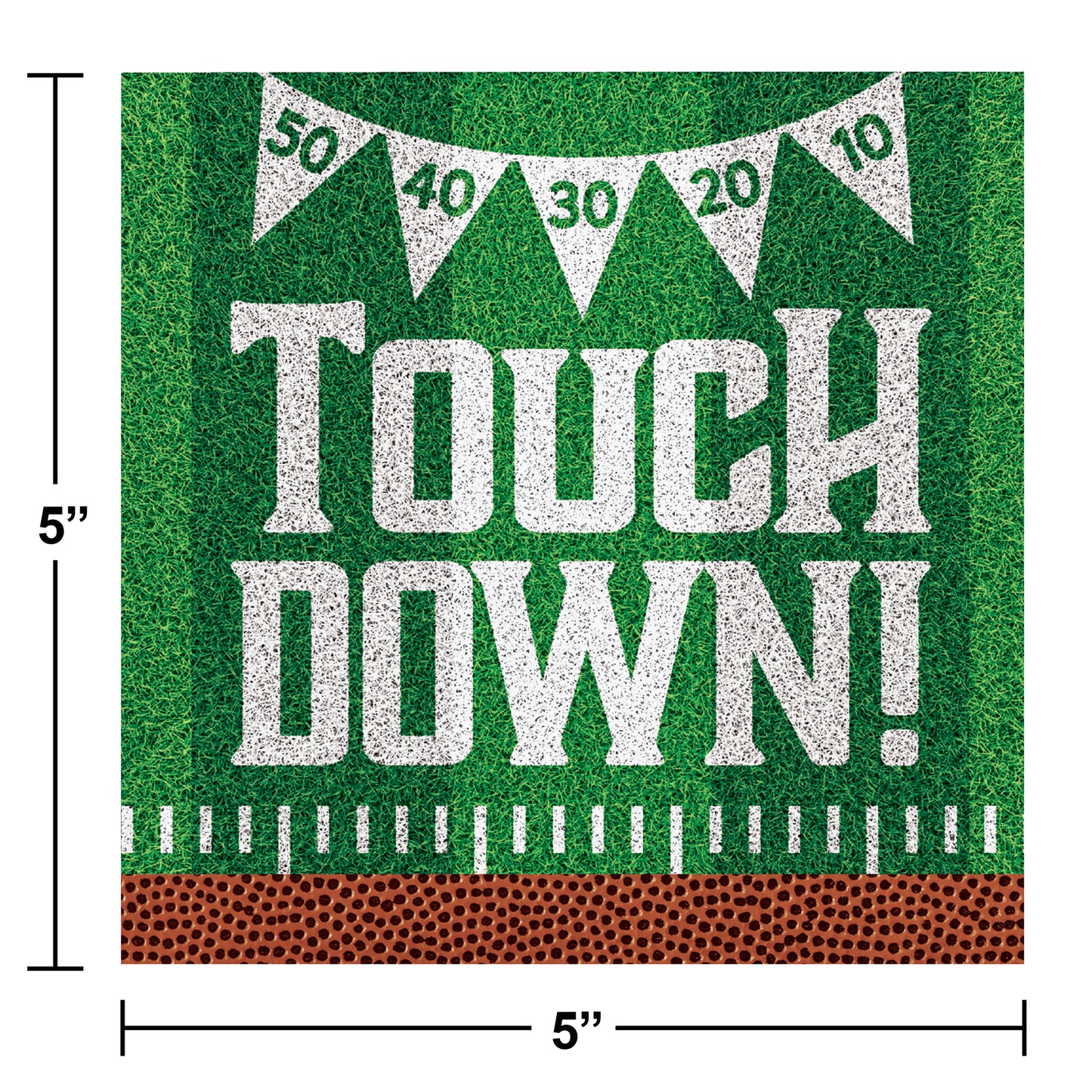 Tailgate Time Touch Down Football Beverage Napkins 192 ct. Decorative sign with 'Touchdown!' text on a green background with football elements.