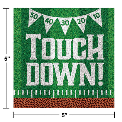 Tailgate Time Touch Down Football Beverage Napkins 192 ct. Decorative sign with 'Touchdown!' text on a green background with football elements.