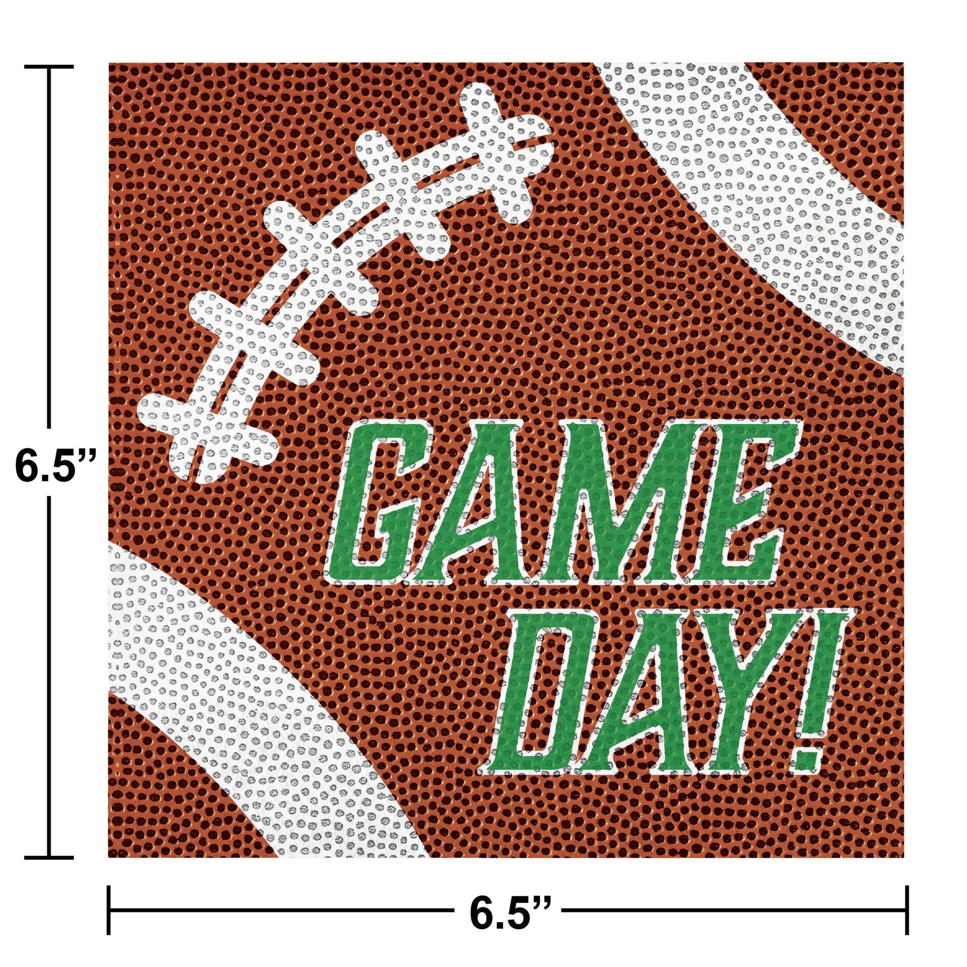 Tailgate Time Game Day Football Luncheon Napkins 192 ct. Decorative paper with football design and 'GAME DAY!' text, dimensions shown.