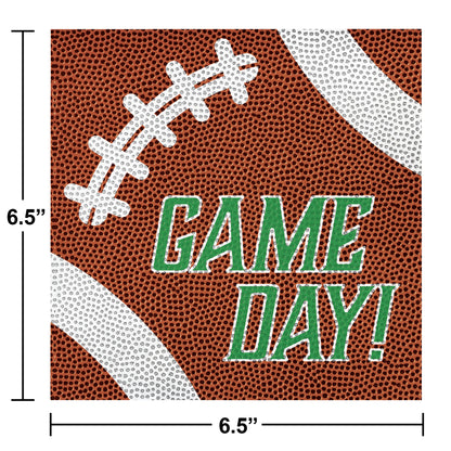 Tailgate Time Game Day Football Luncheon Napkins 192 ct. Decorative paper with football design and 'GAME DAY!' text, dimensions shown.