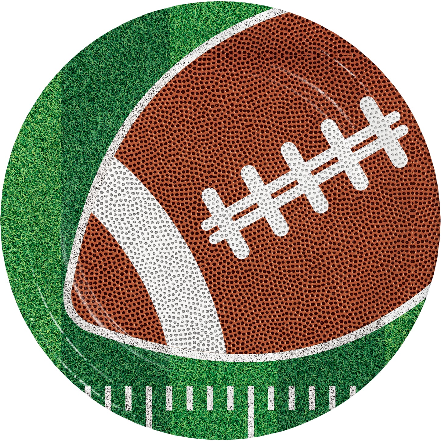 Tailgate Time Dessert Paper Plates 96 ct. Paper plate featuring a football on a grass field background