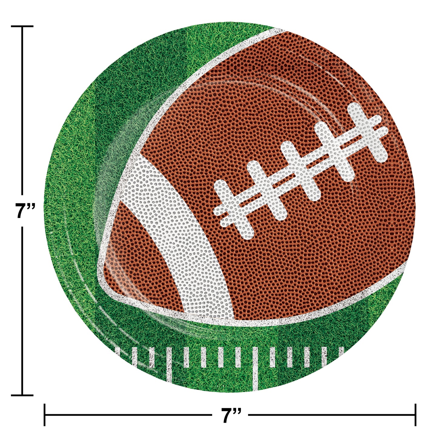 Tailgate Time Dessert Paper Plates 96 ct. Paper plate featuring a football on a grass field background with plate dimensions