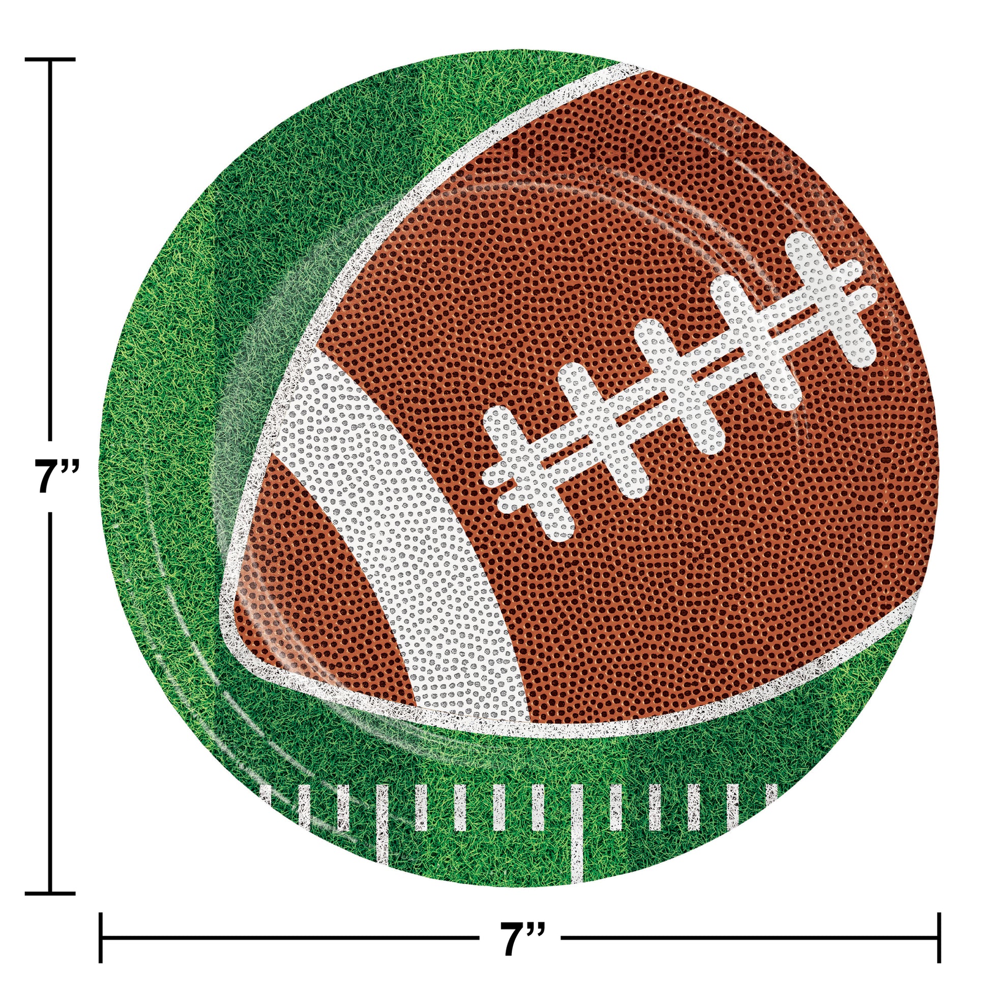 Tailgate Time Dessert Paper Plates 96 ct. Paper plate featuring a football on a grass field background with plate dimensions