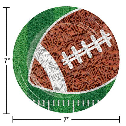 Tailgate Time Dessert Paper Plates 96 ct. Paper plate featuring a football on a grass field background with plate dimensions