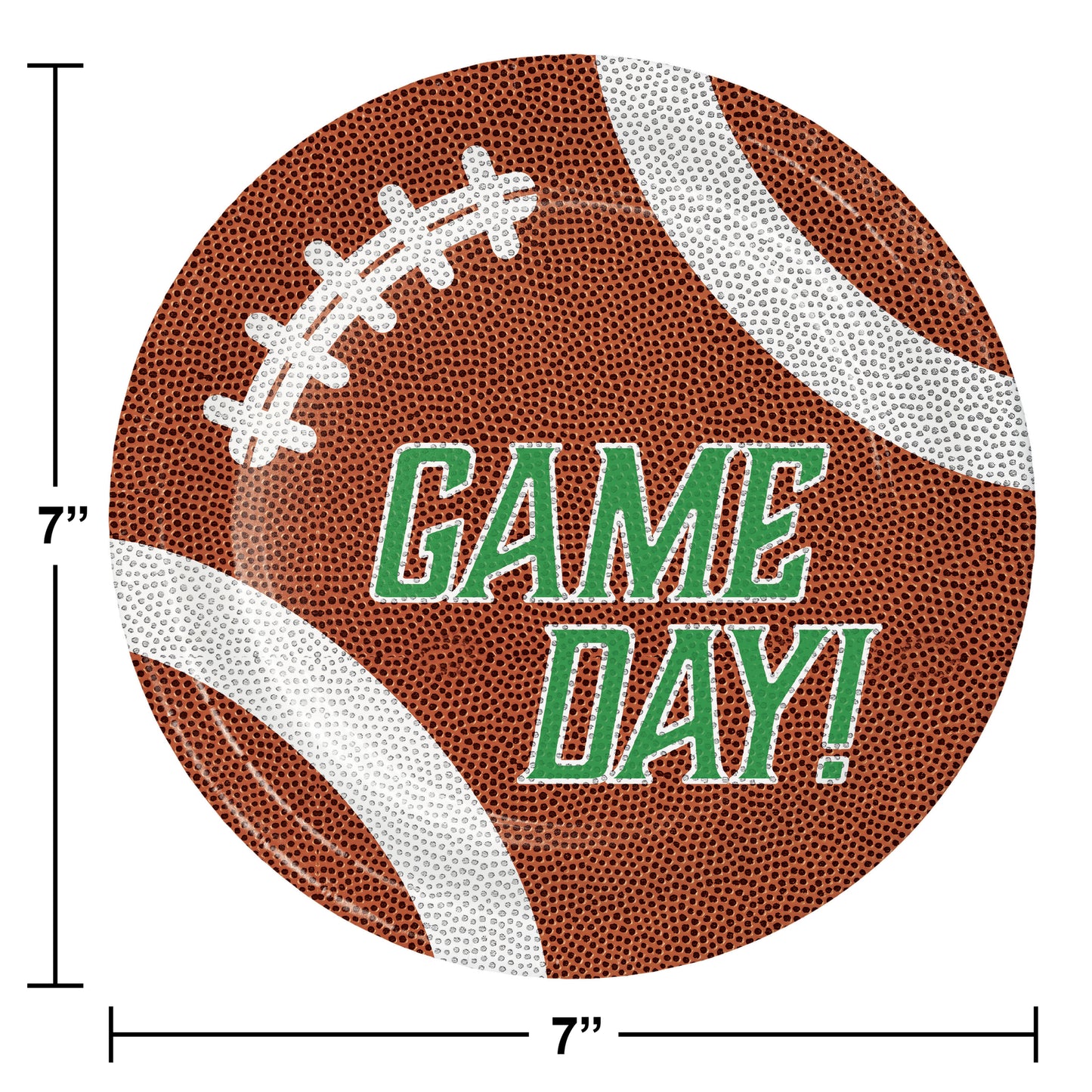 Tailgate Time Game Day Dessert Paper Plates 96 ct. Football paper plate with 'GAME DAY!' text and measurements on a white background