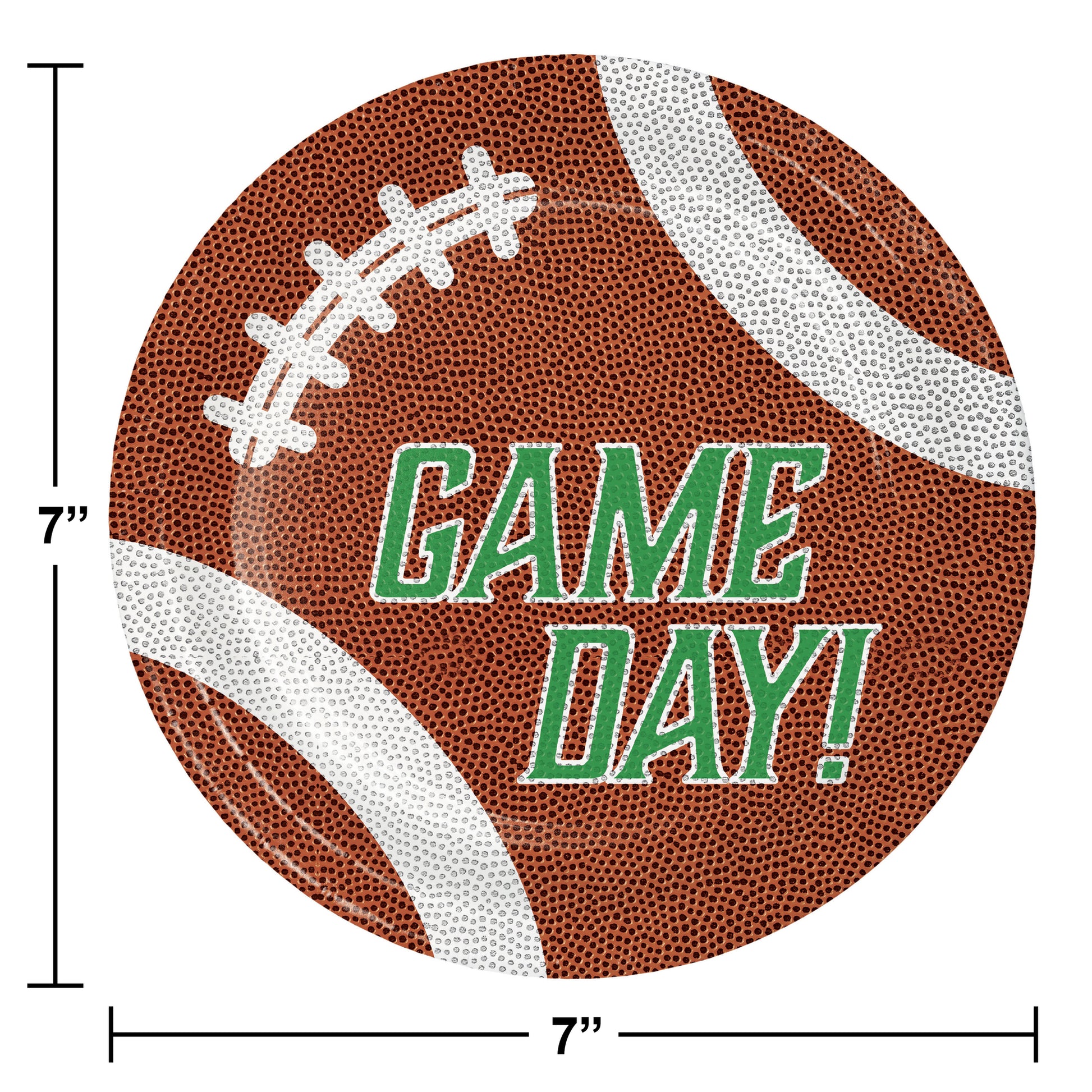 Tailgate Time Game Day Dessert Paper Plates 96 ct. Football paper plate with 'GAME DAY!' text and measurements on a white background