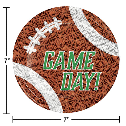 Tailgate Time Game Day Dessert Paper Plates 96 ct. Football paper plate with 'GAME DAY!' text and measurements on a white background