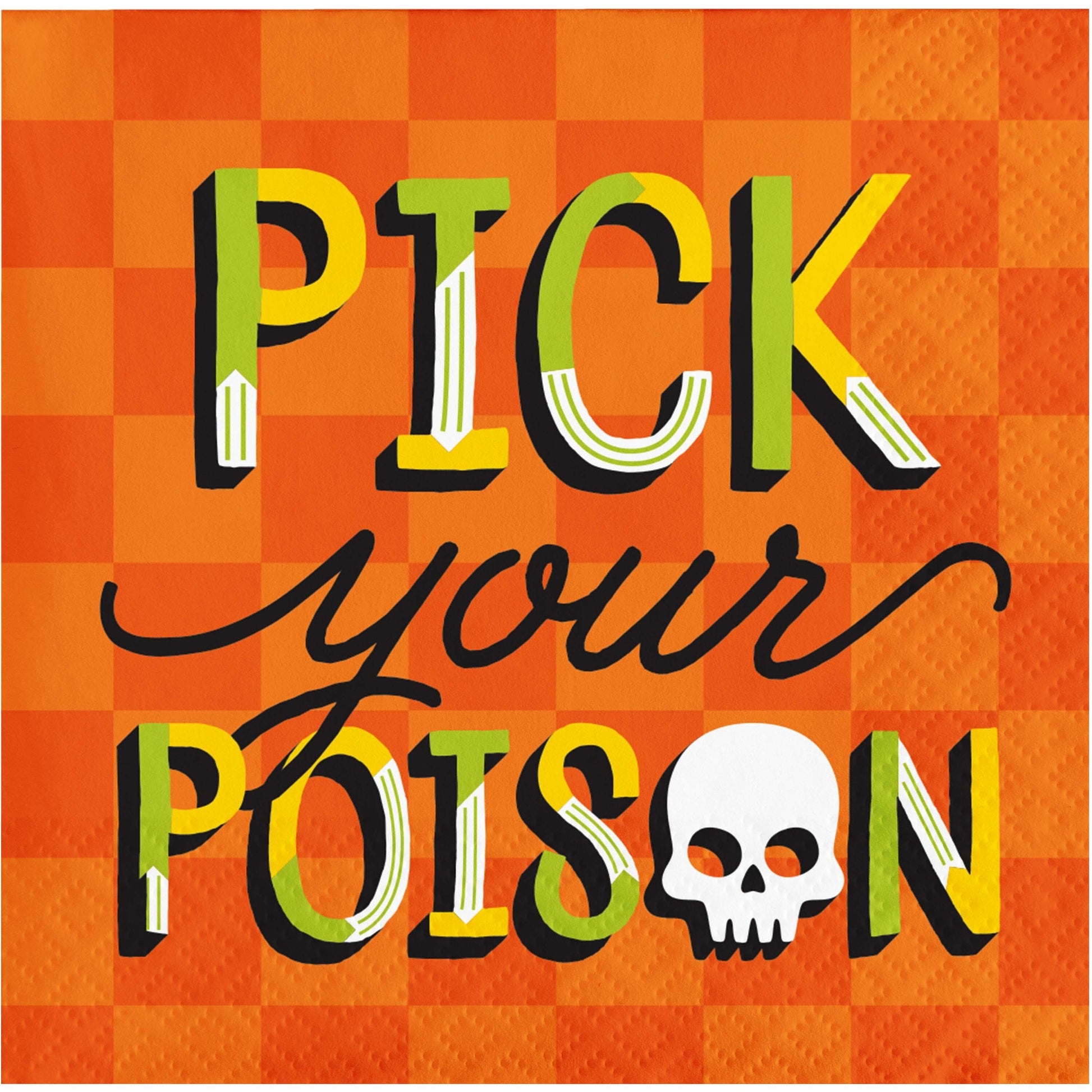 Retro Halloween Pick Your Poison Beverage Napkins 192 ct. Text 'Pick your Poison' with a skull on an orange checkered background