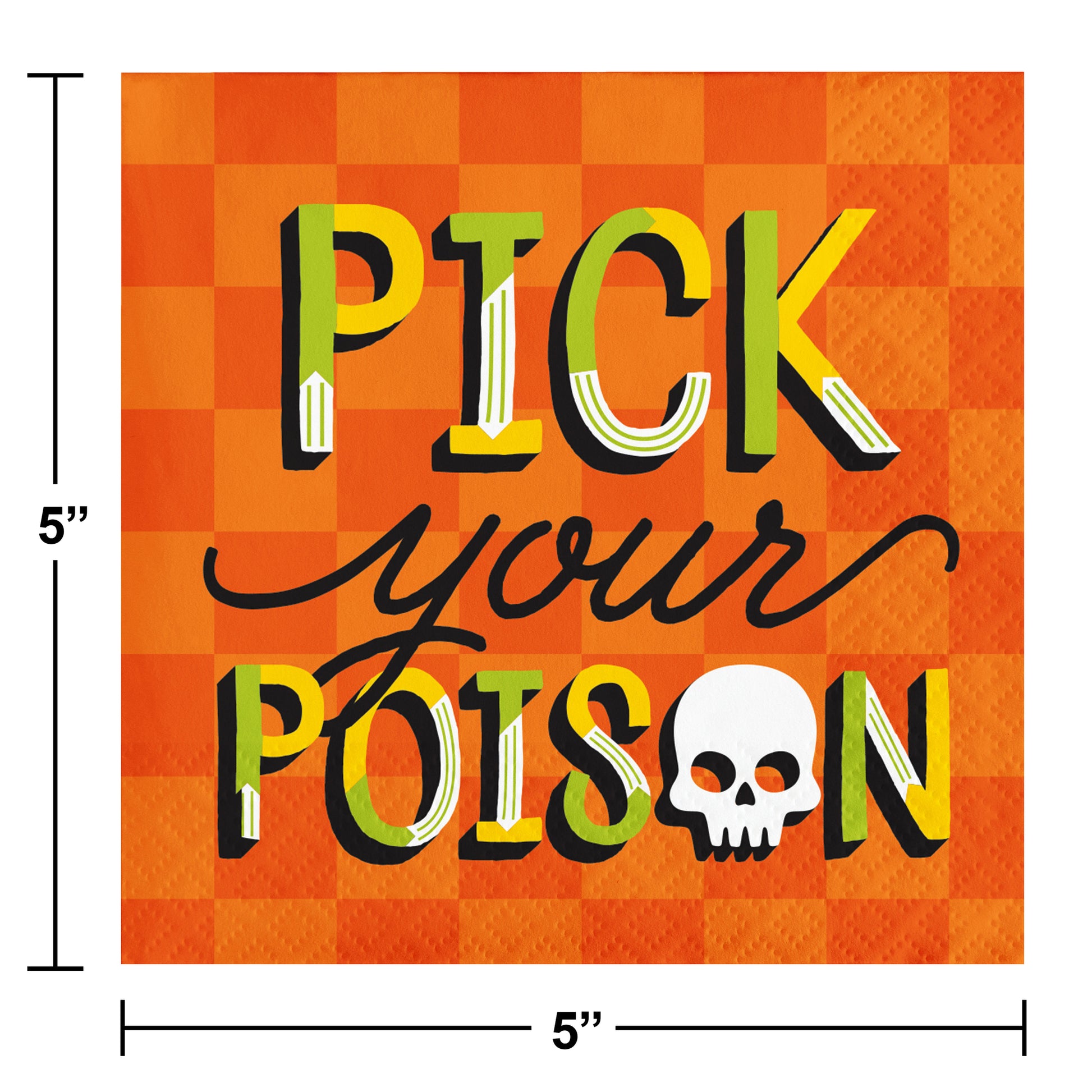 Retro Halloween Pick Your Poison Beverage Napkins 192 ct. Halloween-themed sign with 'Pick your poison' text on a checkered background