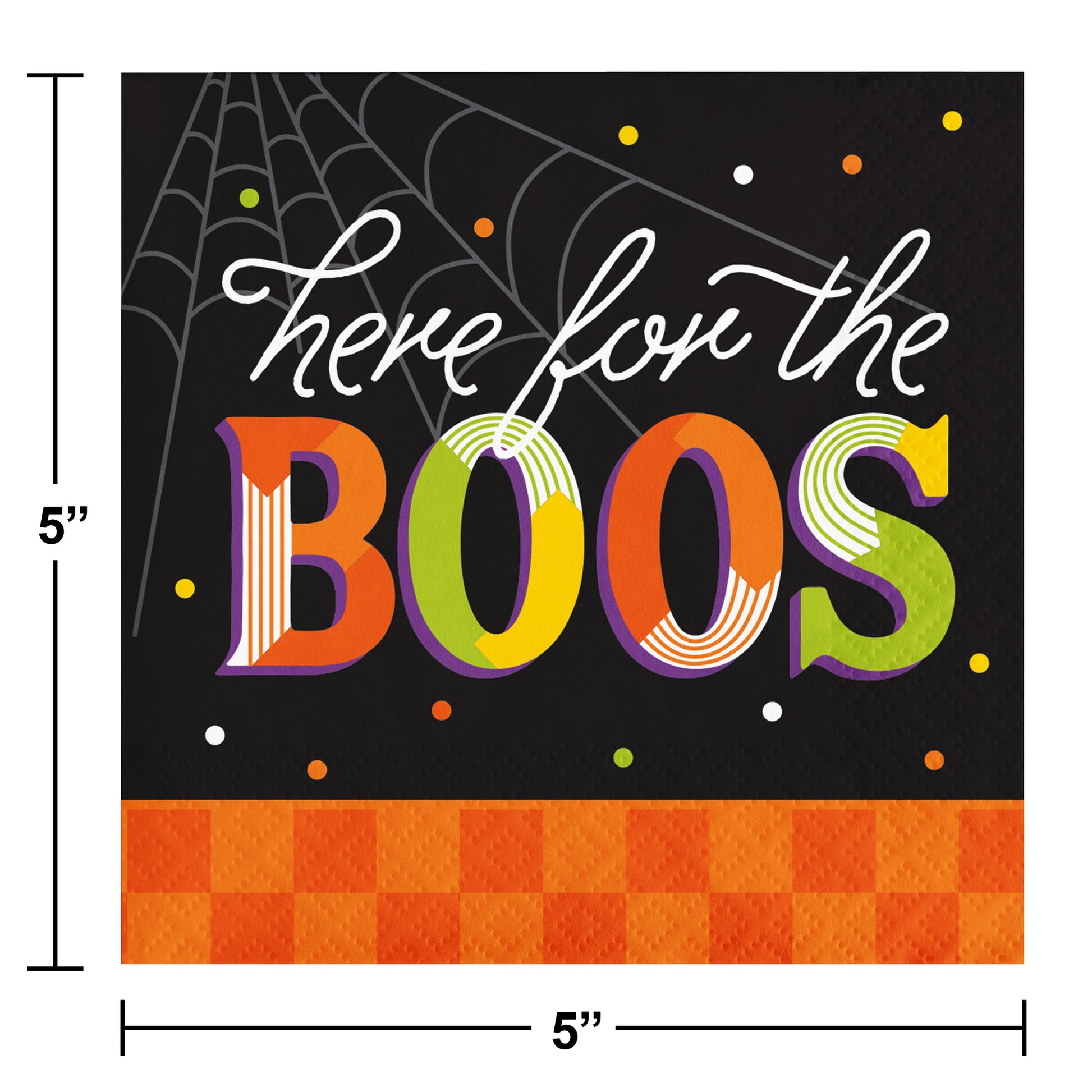Retro Halloween Here for the Boos Beverage Napkins 192 ct. Halloween-themed sign with 'Here for the BOOS' text and spider web design.