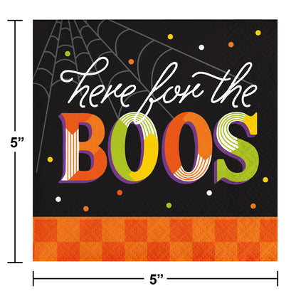 Retro Halloween Here for the Boos Beverage Napkins 192 ct. Halloween-themed sign with 'Here for the BOOS' text and spider web design.