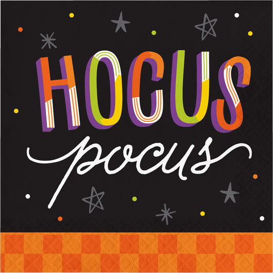 Retro Halloween Hocus Pocus Luncheon Napkins 192 ct. Colorful 'HOCUS POCUS' text on a black background with stars and a checkered border.
