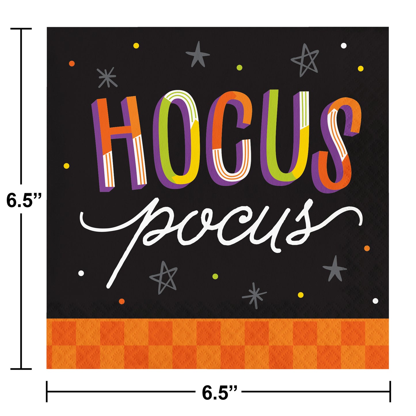 Retro Halloween Hocus Pocus Luncheon Napkins 192 ct. Hocus Pocus sign with colorful text on a black background with star and dot decorations, dimensions indicated.