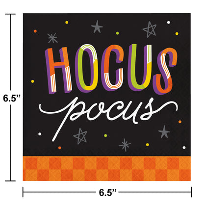 Retro Halloween Hocus Pocus Luncheon Napkins 192 ct. Hocus Pocus sign with colorful text on a black background with star and dot decorations, dimensions indicated.