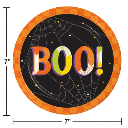 Retro Halloween Boo! Dessert Paper Plates 96 ct. Halloween-themed paper plate with 'BOO!' text and spider web design, size 7 inches.