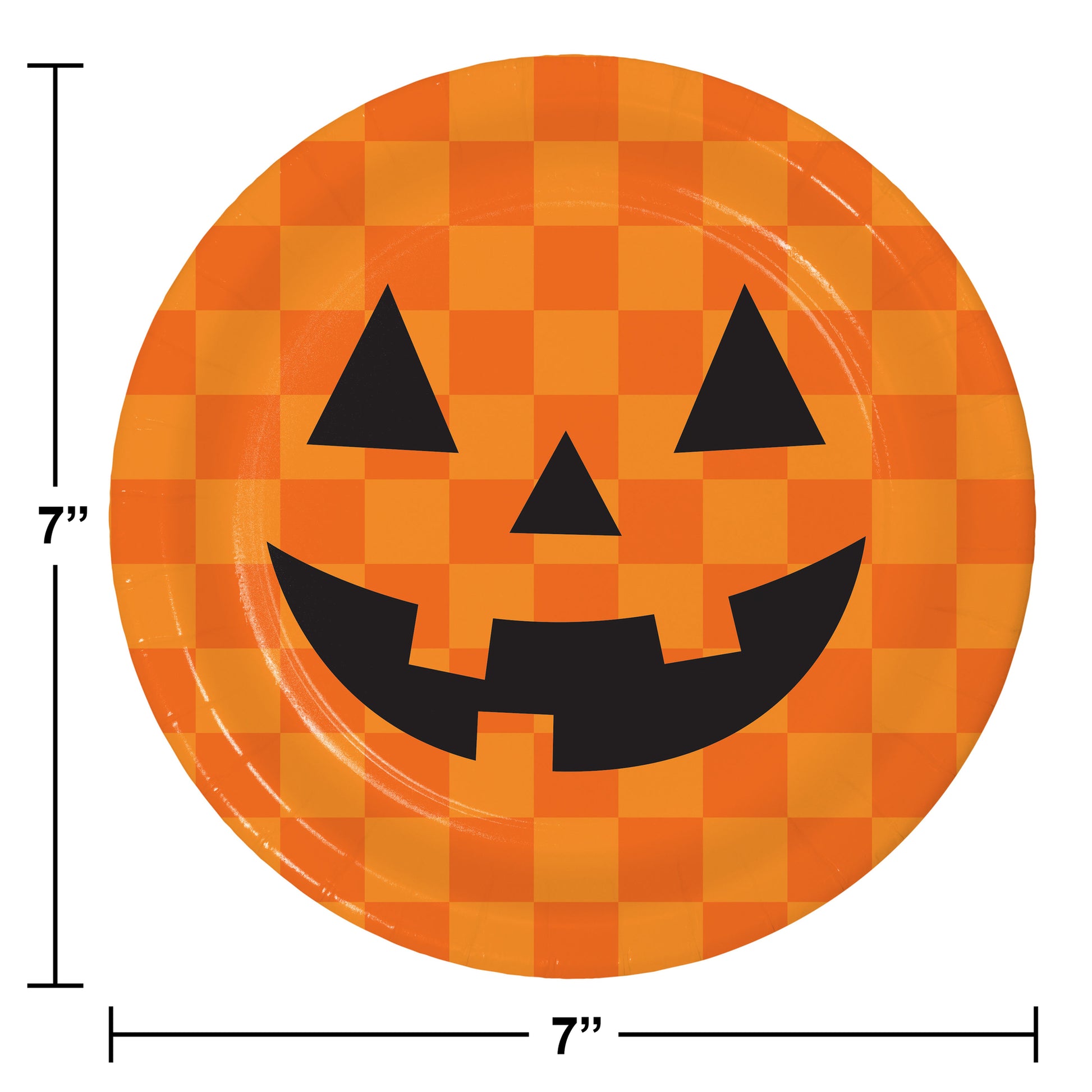 Retro Halloween Jack-O-Lantern Dessert Paper Plates 96 ct. Halloween-themed paper plate with a jack-o'-lantern face design and dimensions.