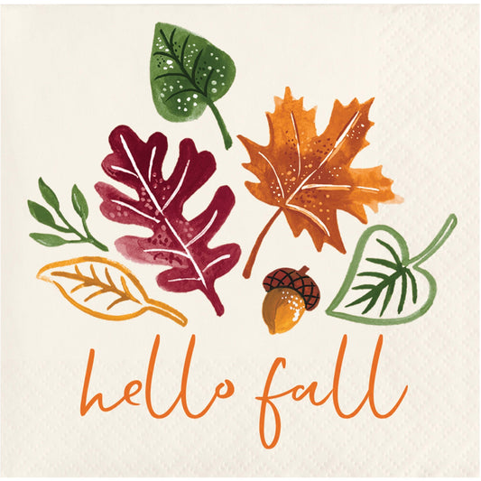 Fall Festivities Thanksgiving Beverage Napkins 192 ct. Decorative paper napkin design with autumn leaves and 'hello fall' text on a beige background