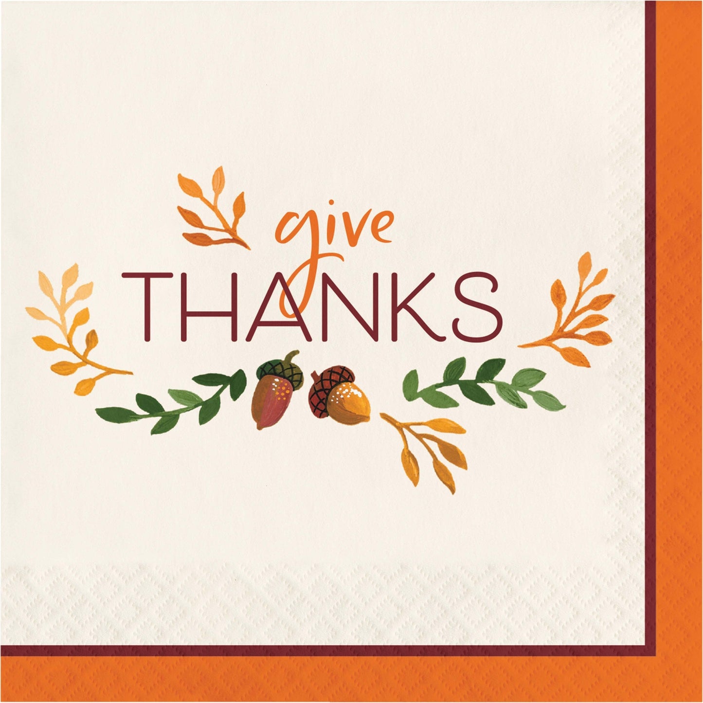 Fall Festivities Give Thanks Thanksgiving Luncheon Napkins 192 ct. Napkin with 'give THANKS' text and autumn-themed graphics on a white background