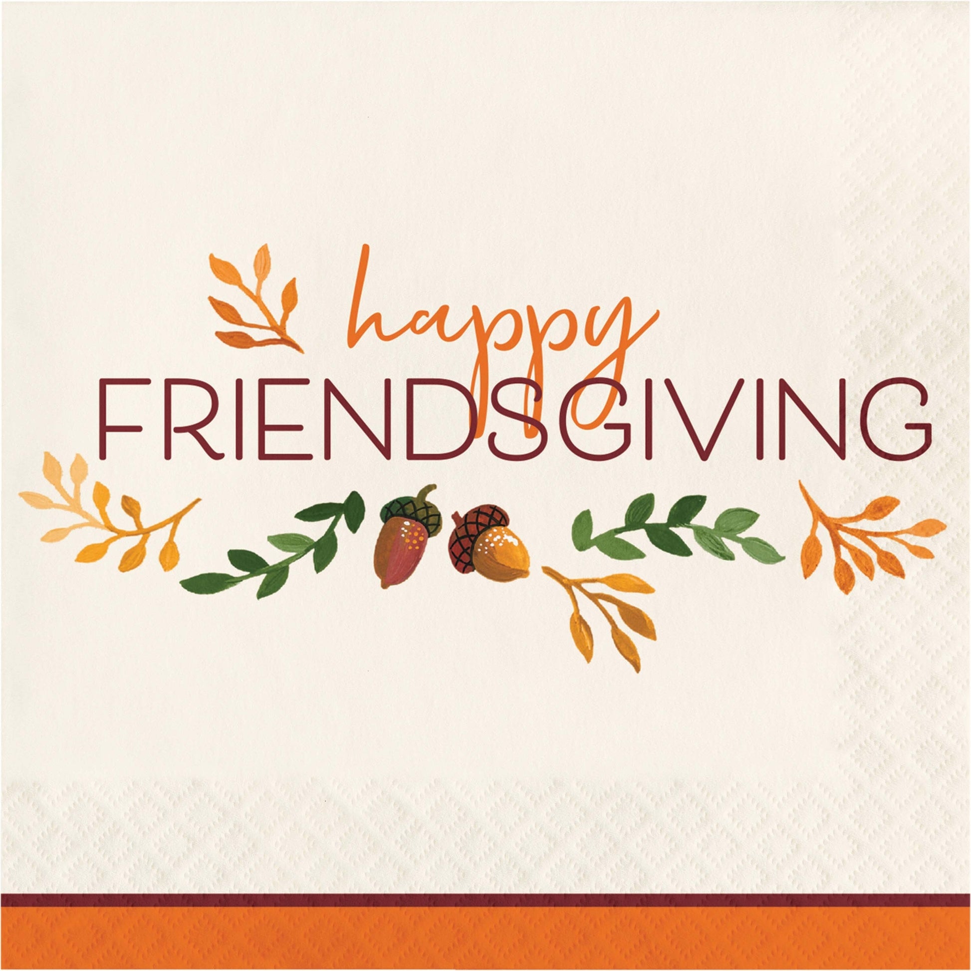 Fall Festivities Happy Friendsgiving Thanksgiving Luncheon Napkins 192 ct. Napkin with 'Happy Friendsgiving' text and fall-themed decorations on a white background