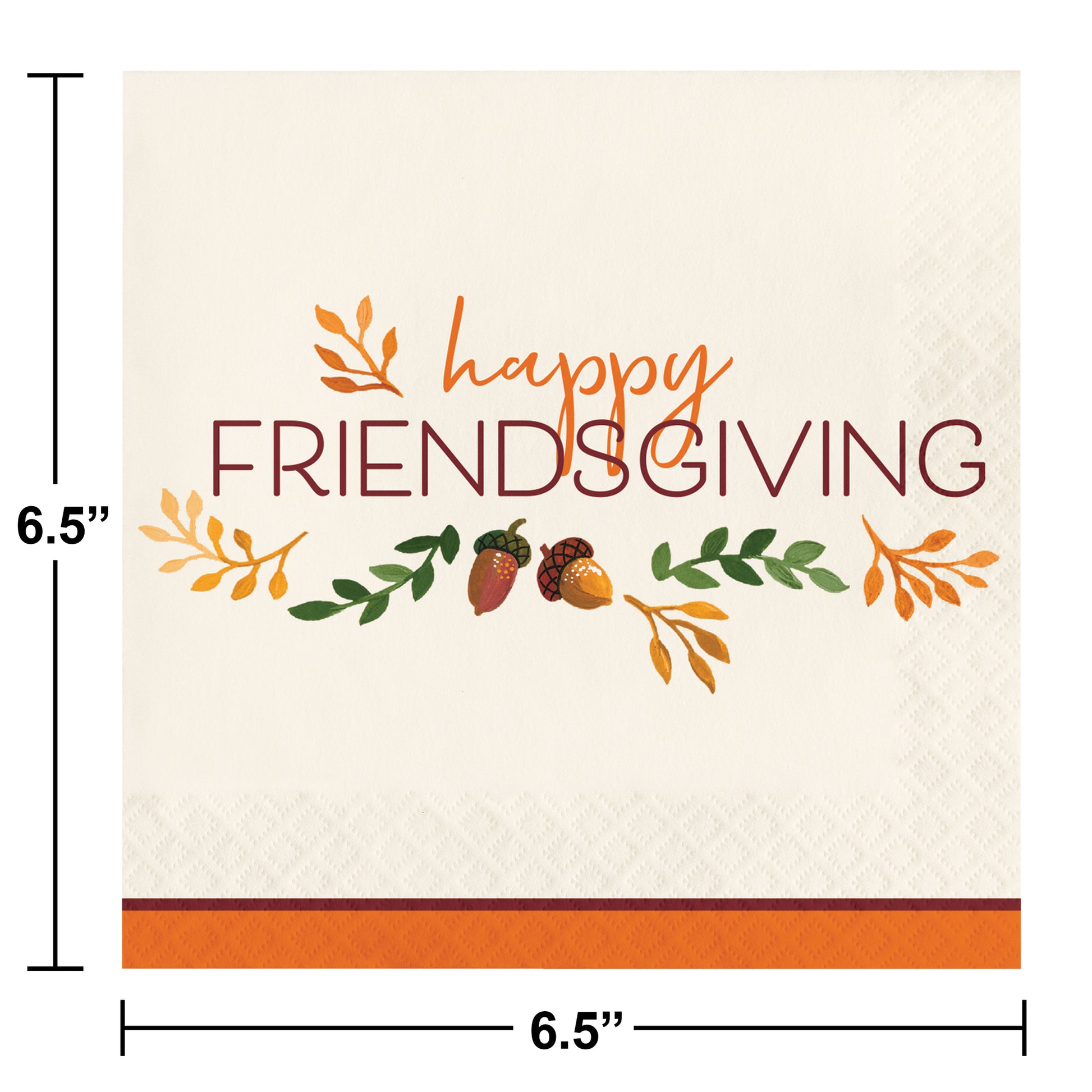 Fall Festivities Happy Friendsgiving Thanksgiving Luncheon Napkins 192 ct. Party napkin with 'Happy Friendsgiving' text and autumnal design, dimensions shown.