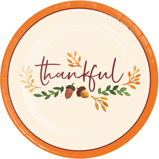 Fall Festivities Thankful Thanksgiving Dessert Paper Plates 96 ct. Round paper plate with 'thankful' text and autumn-themed decorations on a white background