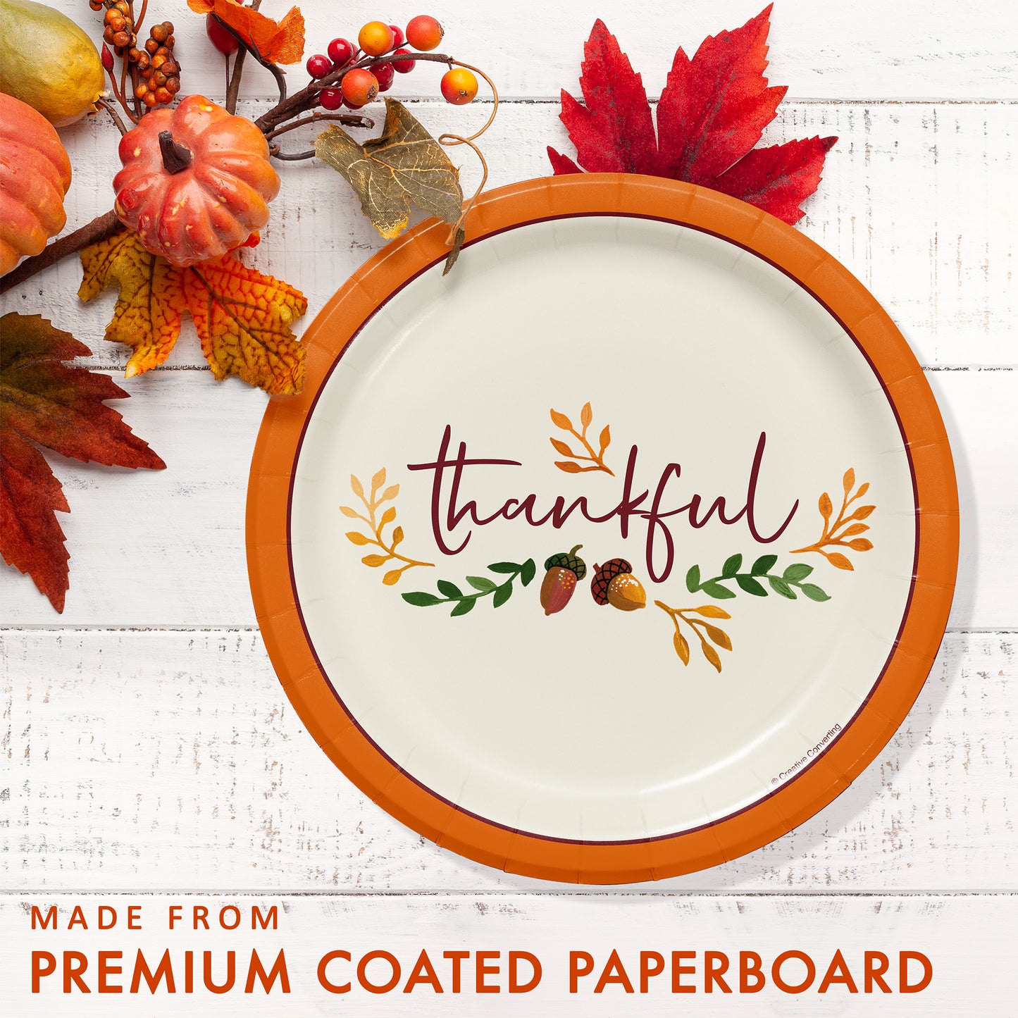 Fall Festivities Thankful Thanksgiving Dessert Paper Plates 96 ct. Decorative paper plate with 'thankful' text and autumn elements on a white wooden surface.