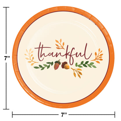 Fall Festivities Thankful Thanksgiving Dessert Paper Plates 96 ct. Round paper plate with 'thankful' text and fall-themed design, size 7 inches.