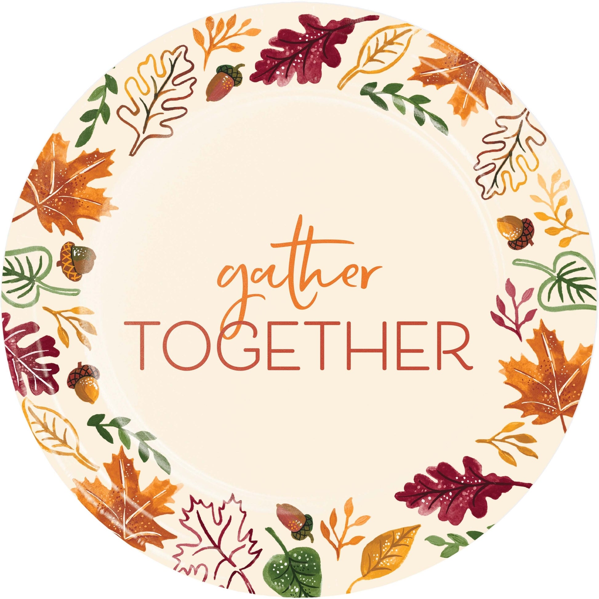 Fall Festivities Gather Together Thanksgiving Dinner Paper Plates 96 ct. Round paper plate with autumn leaf design and 'gather together' text on a white background