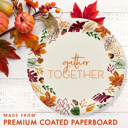 Fall Festivities Gather Together Thanksgiving Dinner Paper Plates 96 ct. Decorative paper plate with autumn leaves and pumpkins on a white wooden background