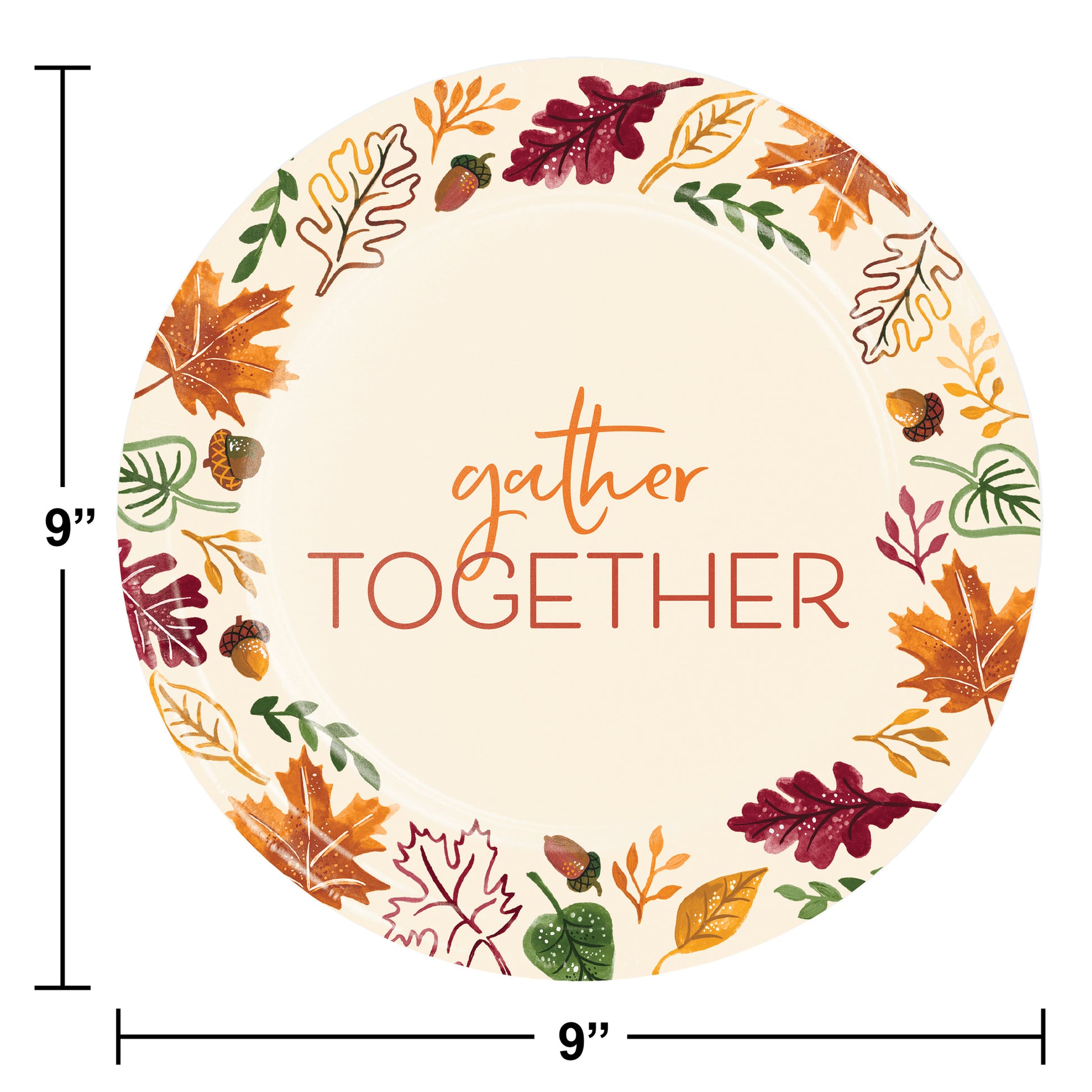 Fall Festivities Gather Together Thanksgiving Dinner Paper Plates 96 ct. Round paper plate with autumn leaf design and 'gather together' text, size 9 inches.