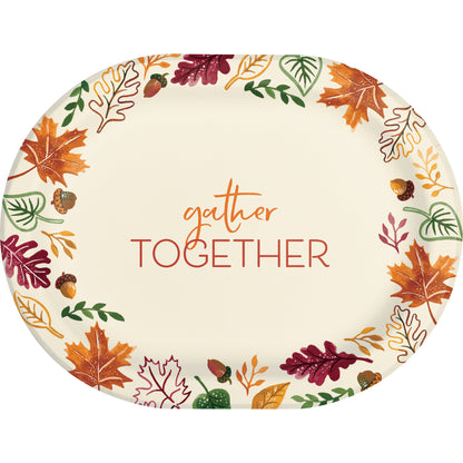 Fall Festivities Gather Together Oval Dinner Paper Plates 96 ct. Round paper plate with autumn leaf design and 'gather together' text on a white background
