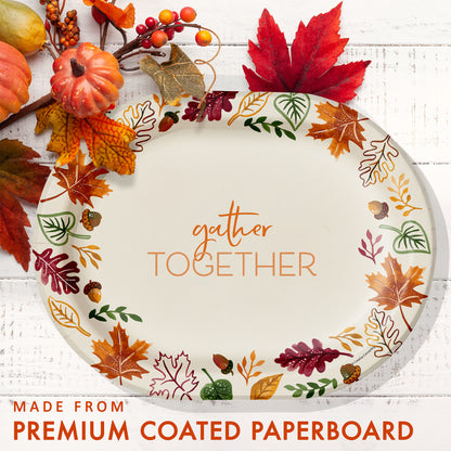 Fall Festivities Gather Together Oval Dinner Paper Plates 96 ct. Decorative paper plate with autumn leaves and 'gather together' text on a white background