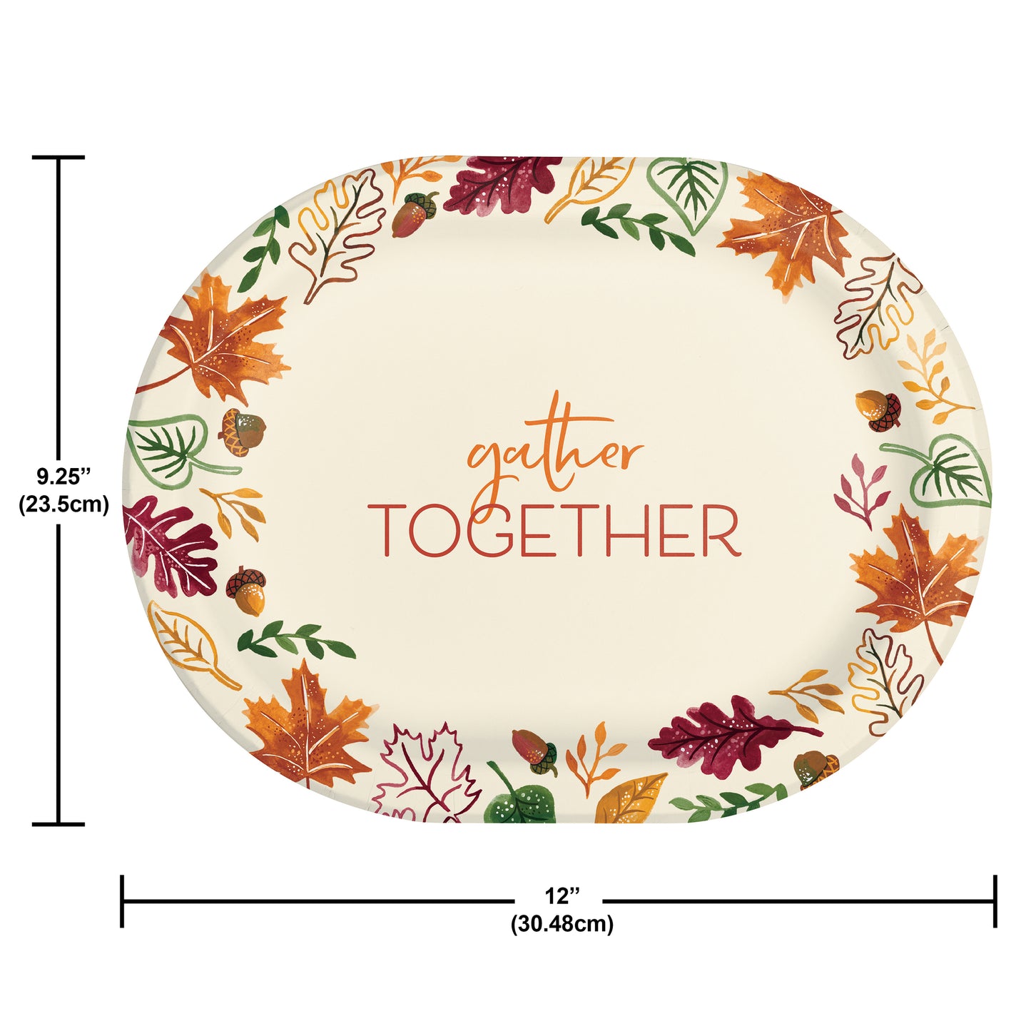 Fall Festivities Gather Together Oval Dinner Paper Plates 96 ct. Round paper plate with autumn leaf design and 'gather together' text, with measurements shown.