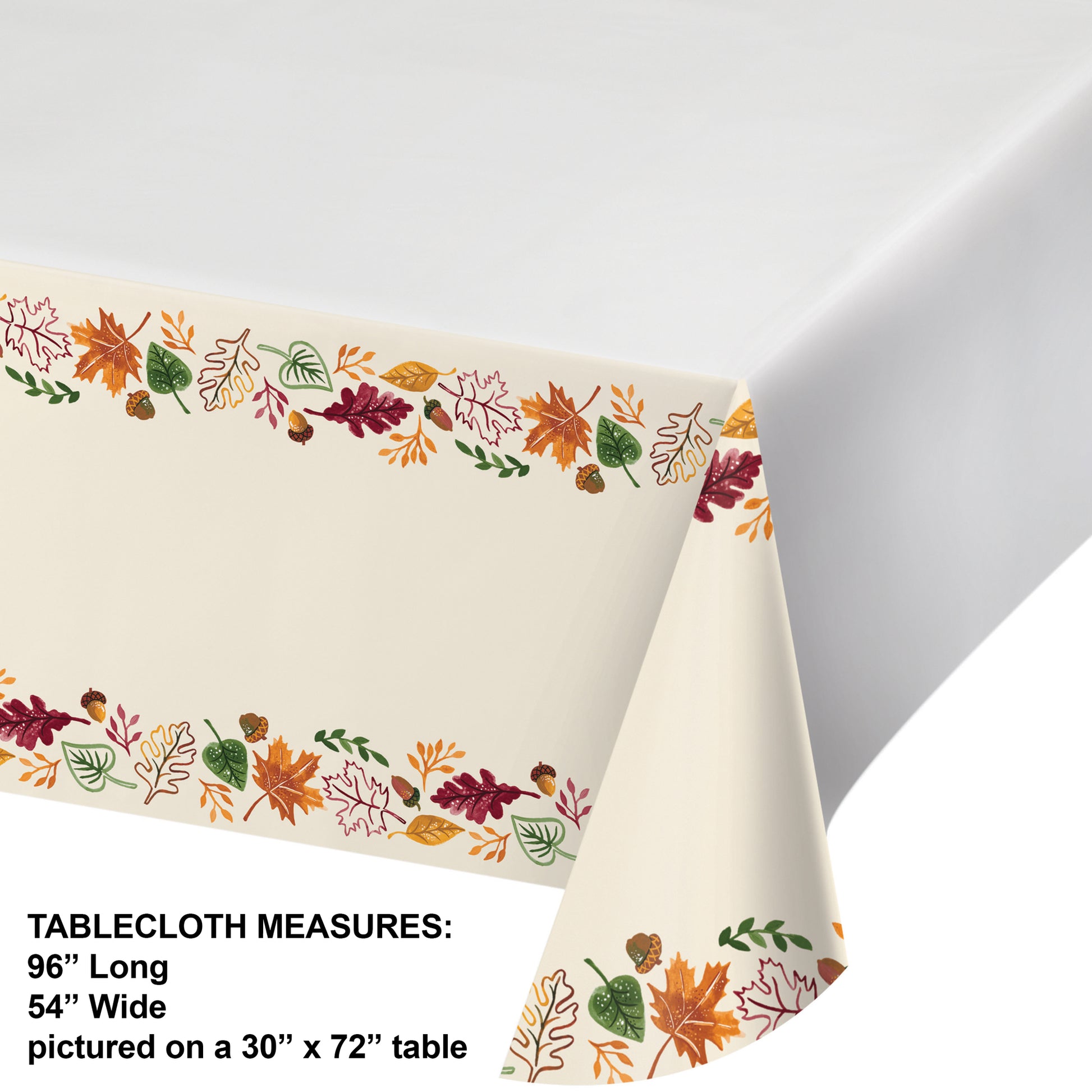 Fall Festivities Thanksgiving Paper Tablecloths 12 ct. Paper tablecloth with autumn leaf pattern on a white background