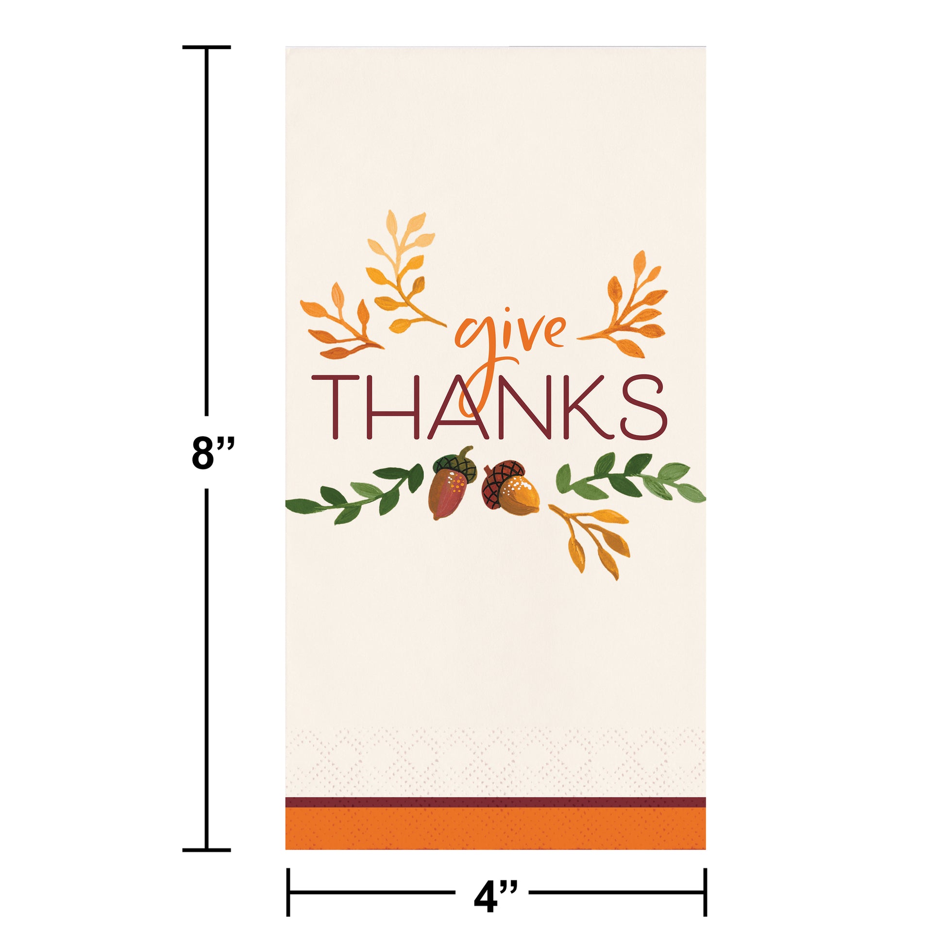 Fall Festivities Give Thanks Thanksgiving Dinner Napkins 192 ct. Decorative paper napkin with 'give THANKS' text and autumn elements, shown with measurements.