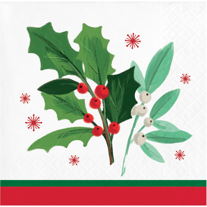 Paper napkin featuring a decorative design with holly leaves and berries on a white background