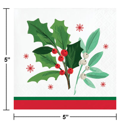 Paper napkin featuring a decorative design with holly leaves and berries on a white background. Size indicated as 5" x 5"