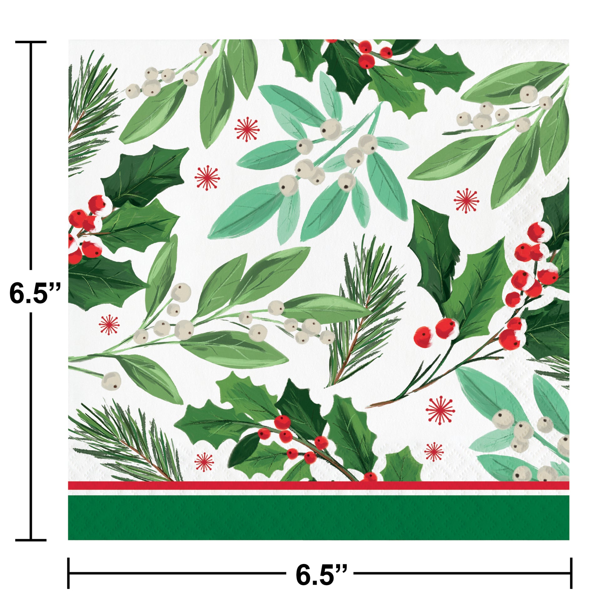 Christmas-themed paper napkin with holly leaves and berries, dimensions shown.