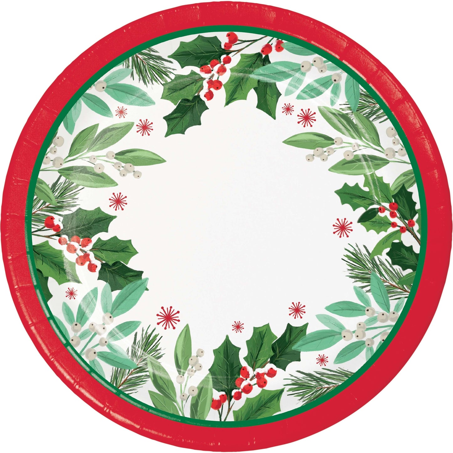 Round paper plate with Christmas-themed design featuring holly leaves and berries with red trim on a white background.