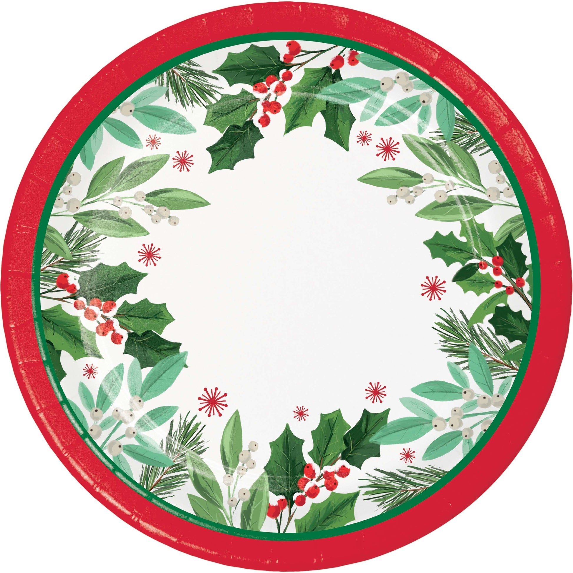 Round paper plate with Christmas-themed design featuring holly leaves and berries with red trim on a white background.
