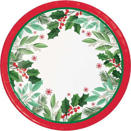 Round paper plate with Christmas-themed design featuring holly leaves and berries with red trim on a white background.