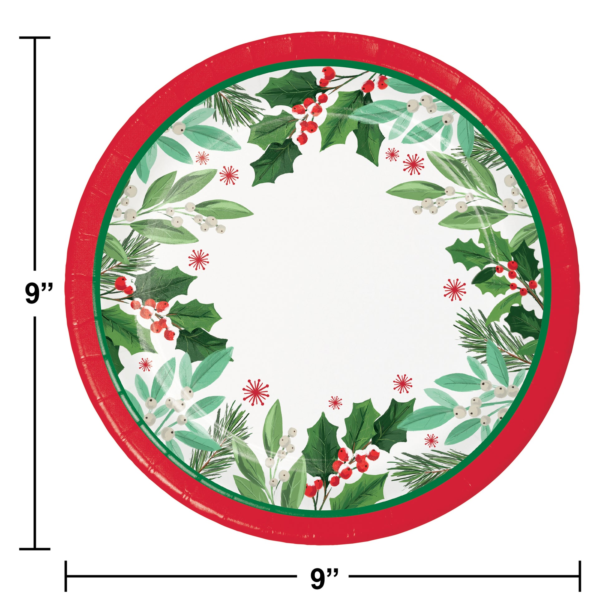Round paper plate with Christmas-themed design featuring holly leaves and berries with a red rim, with dimensions indicated.