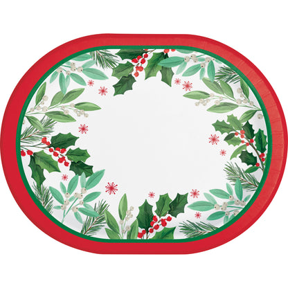 Oval paper plate with Christmas-themed design featuring holly leaves and berries with a red rim on a white background.