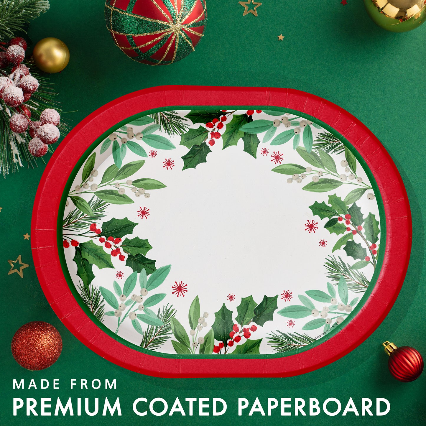 Christmas-themed paper plate with holly berries and red rim. Plate shown on a green background with festive decorations.