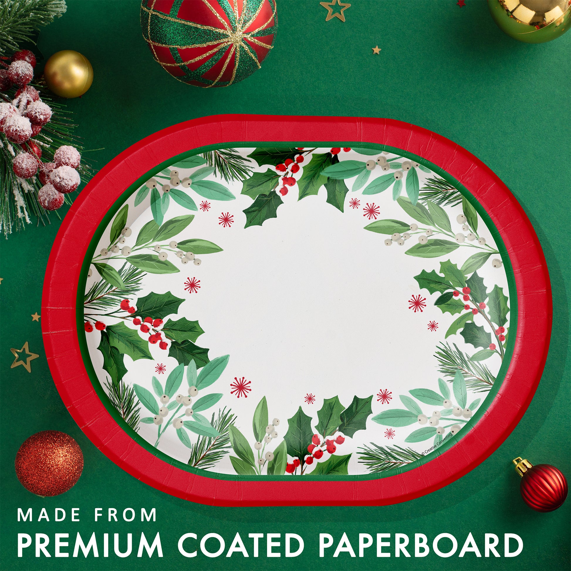 Christmas-themed paper plate with holly berries and red rim. Plate shown on a green background with festive decorations.