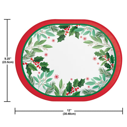 Oval paper plate with Christmas-themed design featuring holly leaves and berries with a red rim on a white background. Dimensions shown.