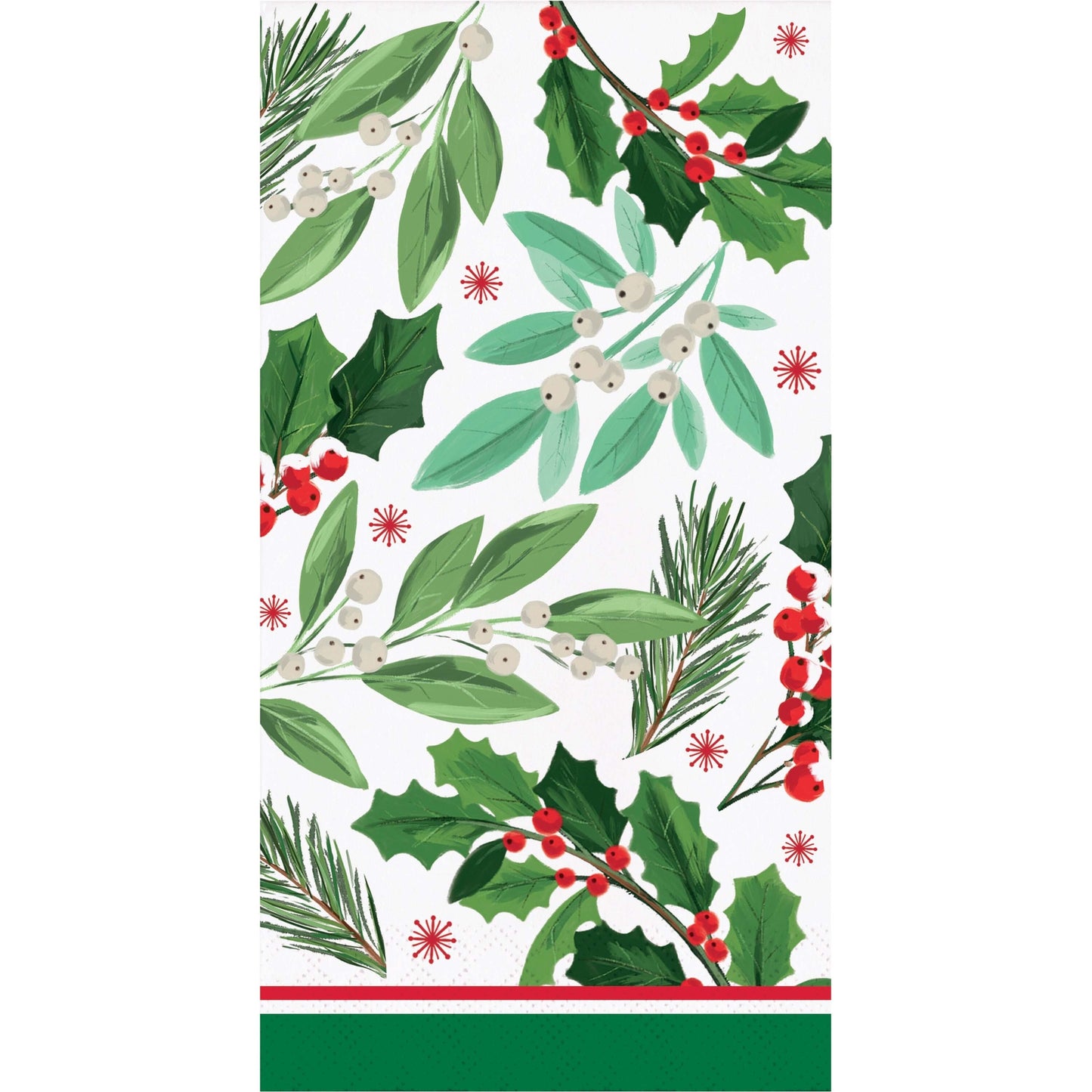 Christmas-themed paper napkins with holly leaves, berries, and pine branches on a white background.