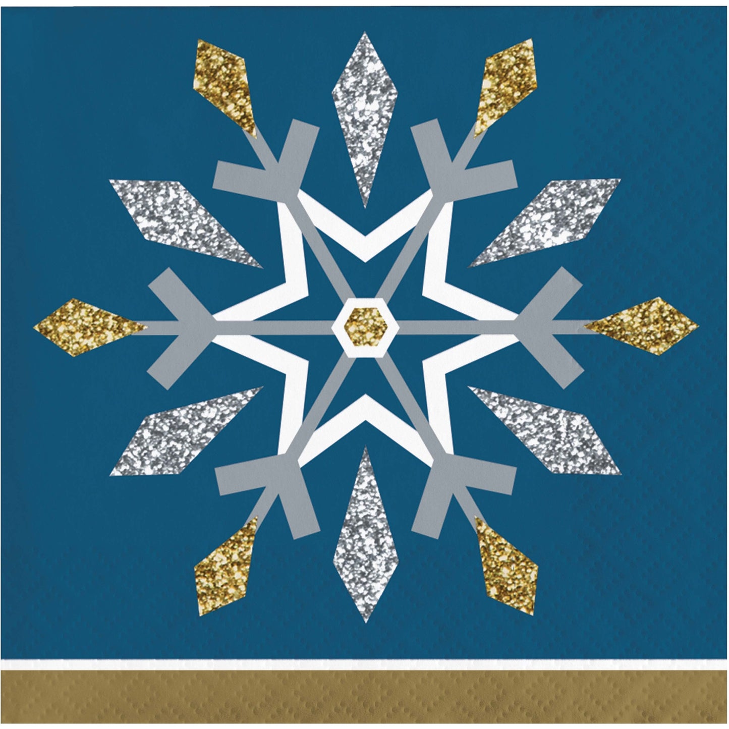 Decorative snowflake paper napkin with gold, silver, and white on a blue background