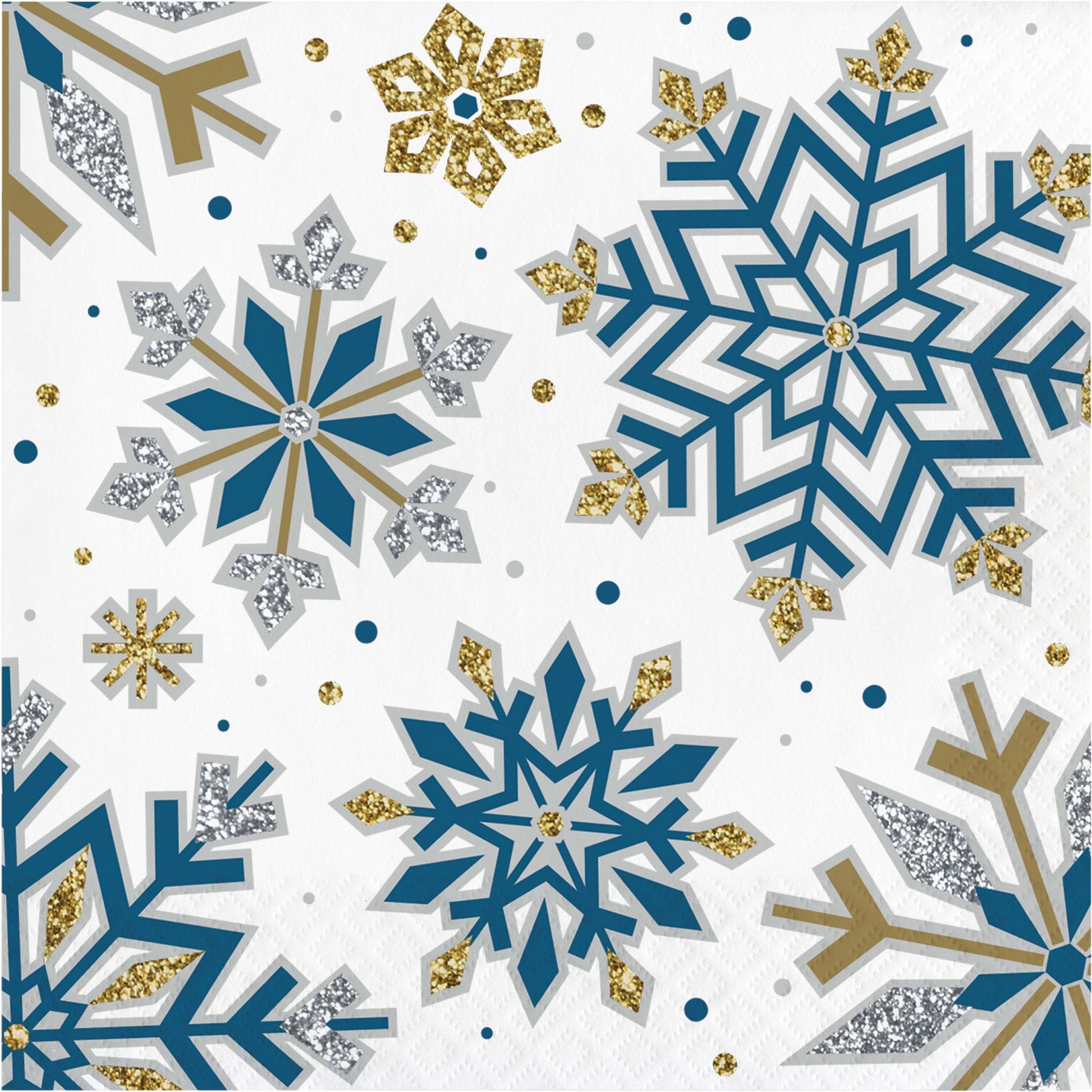 Paper napkin with blue, gold, and silver snowflakes on a white background