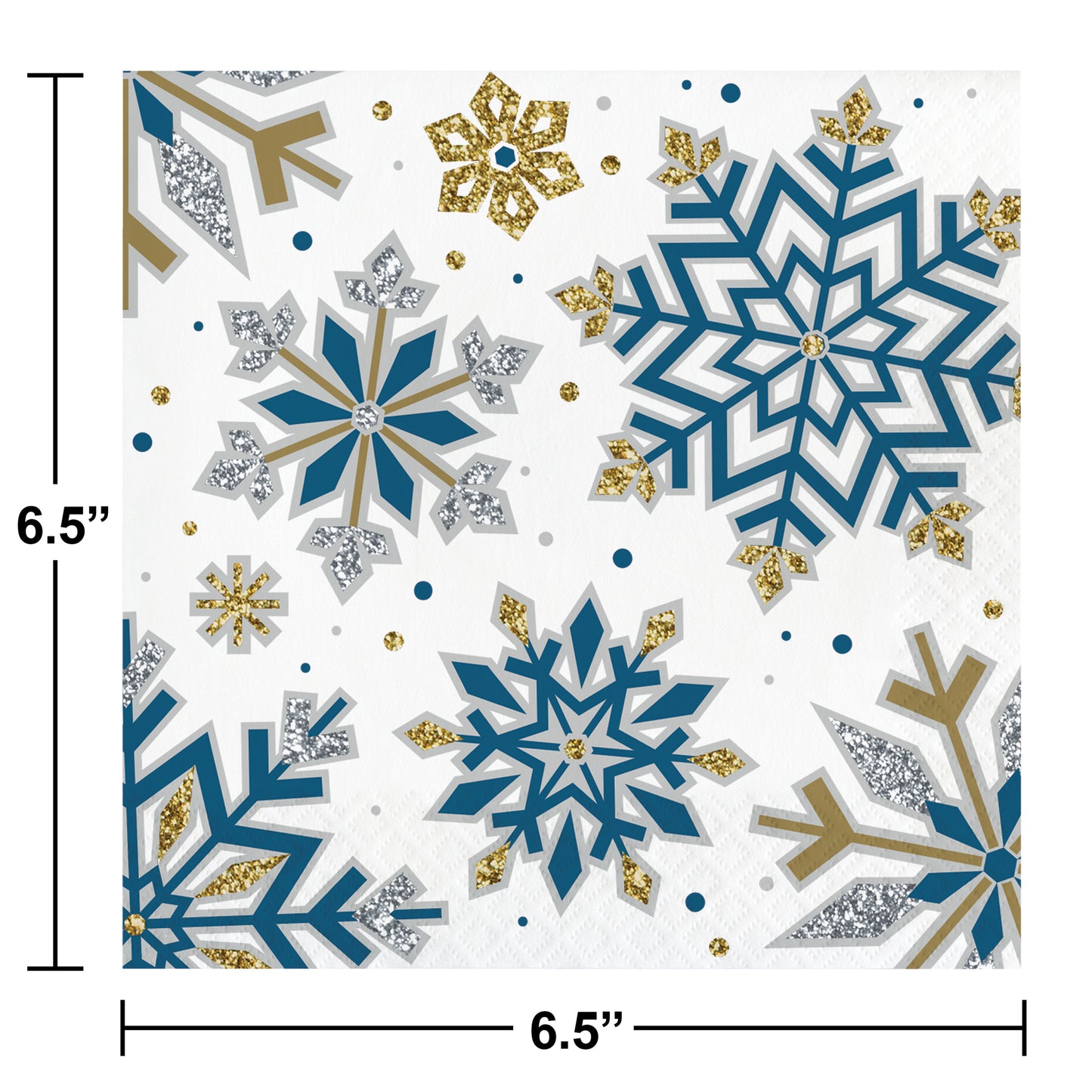 Paper napkin with blue, gold, and silver snowflakes and measurements on a white background